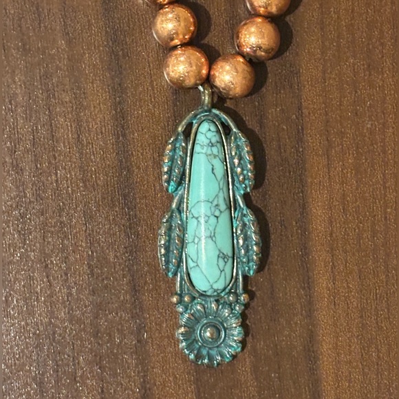 Lucky You Turquoise Feather Pendant Necklace, Copper Beaded Boho Western style 🤎 - Picture 2 of 6